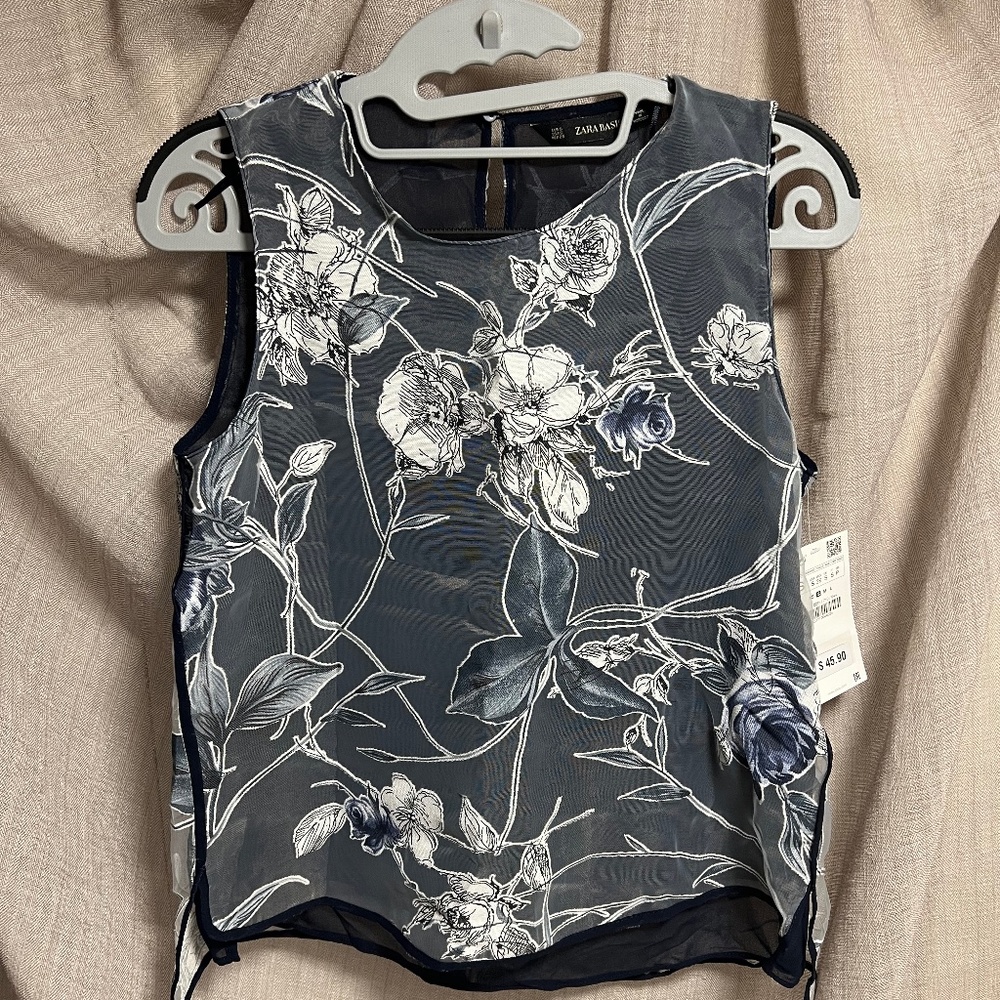 Zara Basics - Floral sheer blouse with lining - Navy blue & white